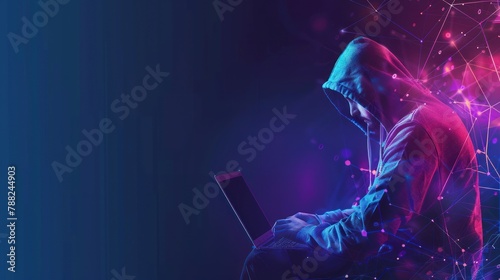 Abstract polygonal hacker with laptop on technology dark background. Cyber attack and cyber security concepts. Computer hacking. Digital technology. AI generated