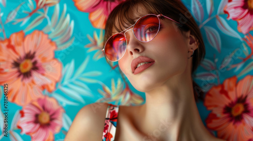 Stylish woman in retro sunglasses poses against colorful floral backdrop, radiating vintage elegance.