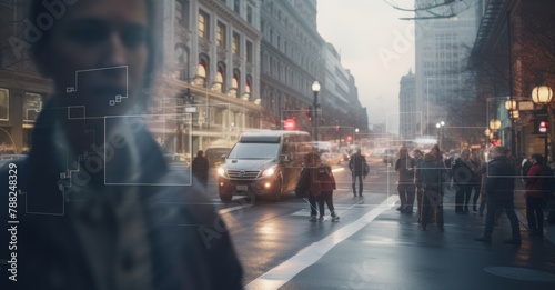 A Wide shot capturing the integration of facial recognition and personal identification technology in a bustling city street, with people passing by unaware of the surveillance