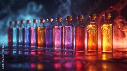 Glowing potion vials vibrant liquids simple shadowy shelf low detail central angle text room