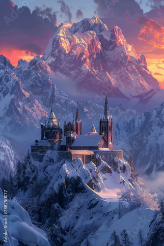 A beautiful monastery located in a snowy mountain range, its spires shining in the morning sun.