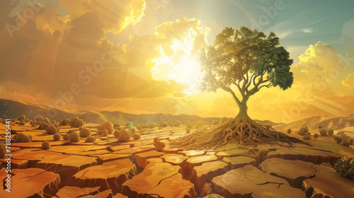 Barren dry landscape with cracked soil with a single green tree, for World Day to Combat Desertification and Drought