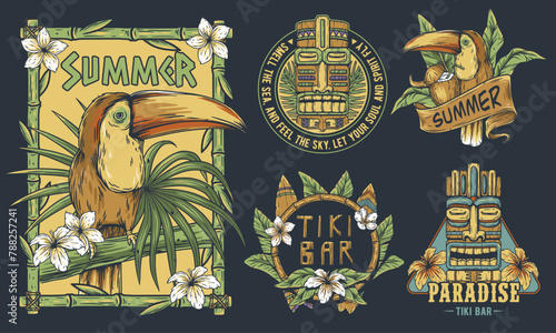 Hawaii wooden tiki mask collection. Traditional ethnic idol of hawaiian, maori or polynesian. Old tribal totem for tiki bar. Set of tiki masks and tropical elements for summer and hawaiian designs