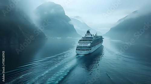 A cruise ship in the ocean shrouded in thick morning fog. Tourist travel concept. Painting of a liner on sea waves.