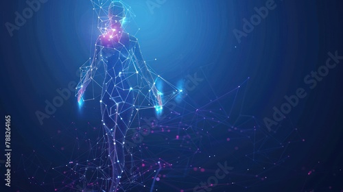 Abstract digital human body. Polygonal wire frame silhouette. Low poly anatomy blue background. Technology futuristic man or woman model. AI generated