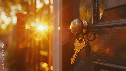 Key turning in a new home's front door, close-up, golden light, ownership moment, real estate joy 