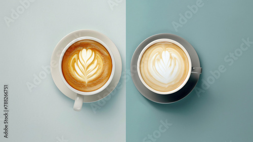 Close-up of coffee latte and cappuccino as flat lay