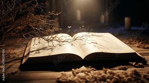 Grand livre ouvert posé sur une table avec de la lumière. Grimoire, manuel, magie. Ambiance sombre. Littérature, roman. Pour conception et création graphique. 
