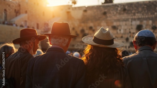 Jewish People in traditional attire standing in front of the Western Wall in Jerusalem during Yom HaZikaron. Deep reflection and Prayer in Memorial Day. AI Generated