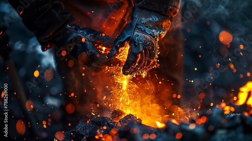 Steelworker pouring molten metal, detailed shot, fiery glow, foundry heat, metallurgical process