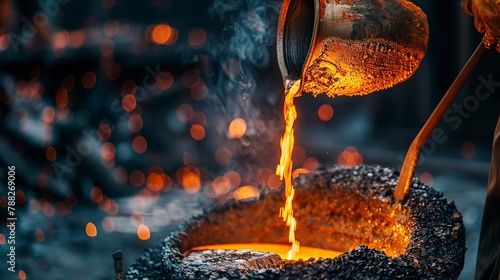 Steelworker pouring molten metal, detailed shot, fiery glow, foundry heat, metallurgical process 