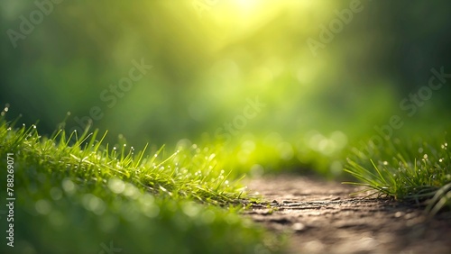 green grass with dew drops sunlight in background, green grass and blurred foliage bokeh