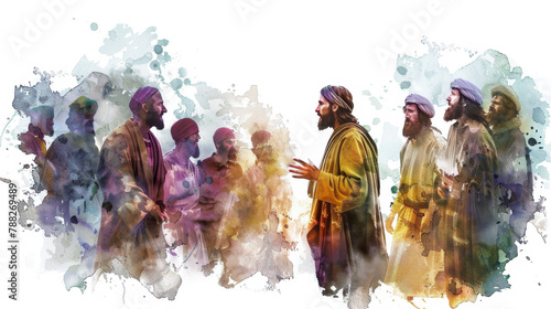 Jesus exposing the hypocrisy of the Pharisees and scribes through digital watercolor art on a white background.