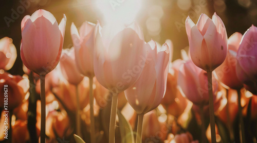 Close up of pink tulips in backlight with sun shining