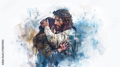 Jesus embracing the repentant thief on the cross in a digital watercolor painting on a white background.