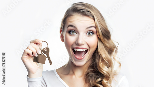 Mujer sosteniendo las llaves de una casa. Chica rubia sorprendida sobra fondo blanco. Concepto inmobiliaria.