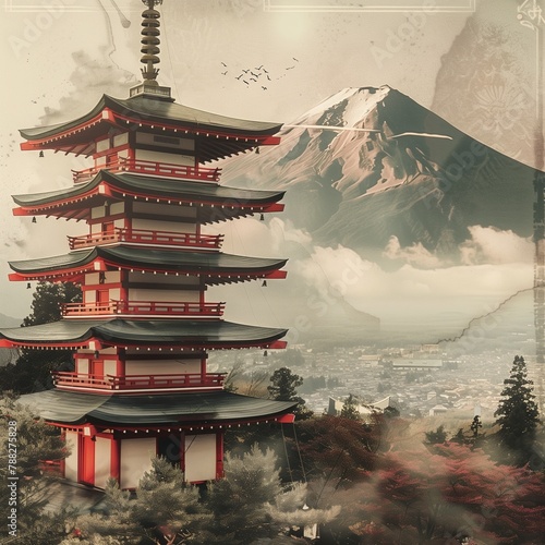 Japanese Pagoda and Blossoms Amidst Ancient Temple Architecture and Towering Skyline
