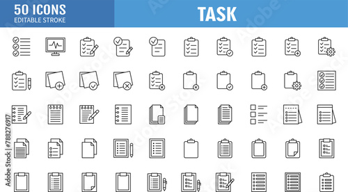 Clipboard, checklist, report, survey or agreement editable stroke outline icons set isolated on white background flat vector illustration. Pixel perfect. 