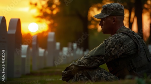 Heroic soldier profile, white headstones alignment, Memorial Day reverence, dusk light