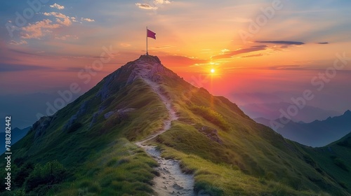 Steep path to mountain summit, goal flag at the top, sunset, representing perseverance and ambition in business aspirations