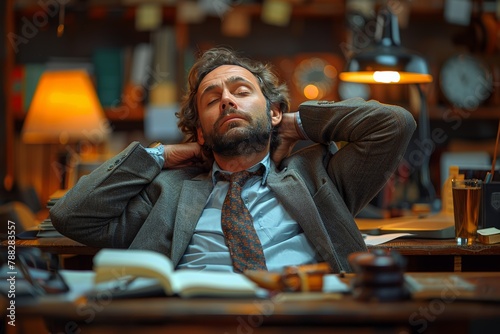 Exhausted businessman finds respite, dozing off in formal attire at office desk