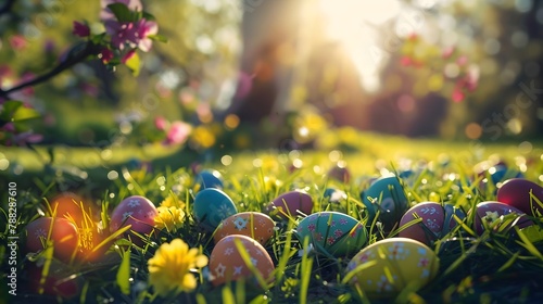  A vibrant Easter egg hunt in a sun-drenched garden. 