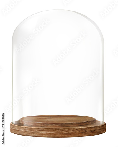 Glass cloche png sticker, product backdrop with wooden base on transparent background