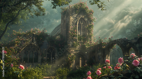 A misty scene: a church ruin embraced by roses and ivy. Atmosphere shrouded in mystery and nostalgia, blending nature's resilience with the echoes of history