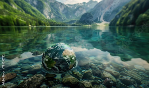 Earth globe floating on the clear surface of a mountain lake