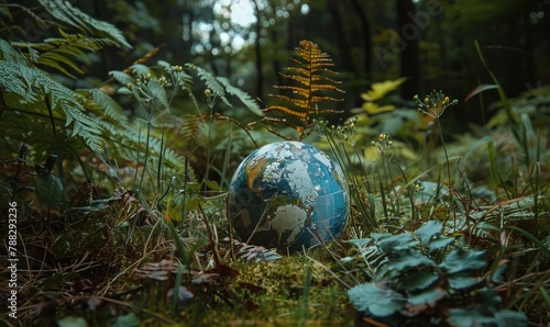 Earth globe settled among ferns and wildflowers in a secluded forest glade