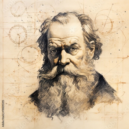 Un portrait réaliste de Galilée, le célèbre astronome et physicien, capturé avec précision au crayon sur un papier jauni.