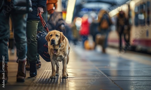 A guide dog assisting its owner in navigating through a crowded train station