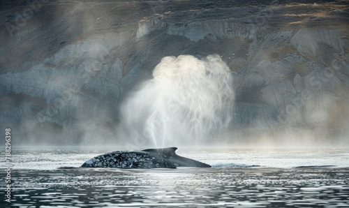 A serene scene of a gray whale spouting mist into the air as it surfaces