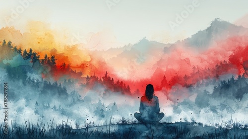 Experience tranquility: Pastel-colored meditation background with a watercolor painting. Women meditate in harmony for International Yoga Day. Ample copy space for postcards and banners."