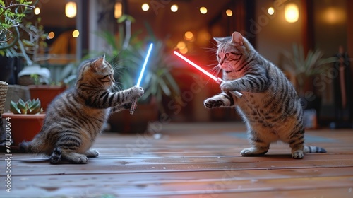 two very fat cats fighting light sabersimage