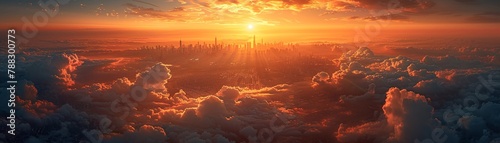 Sky city, floating platforms, sunrise, city above clouds painting, skyward view, golden horizon, utopian dream 