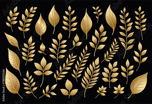 Golden Leaves Floral Elements in a Doodle for Wedding Background