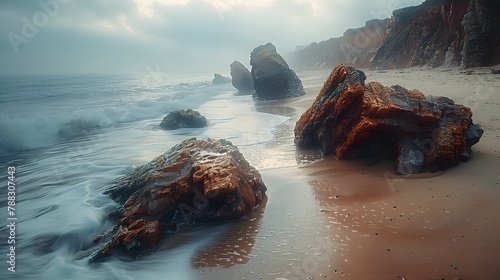 a serene scene with rocks on the beach against a backdrop of misty morning fog, their rugged textures and muted colors captured in cinematic high resolution photography.