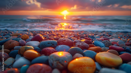 idyllic scene of colorful rocks on the shore of a pristine beach, their vivid colors reflecting the warm hues of the setting sun, captured in realistic 8k full ultra HD detail.