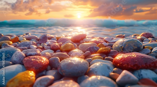 idyllic scene of colorful rocks on the shore of a pristine beach, their vivid colors reflecting the warm hues of the setting sun, captured in realistic 8k full ultra HD detail.