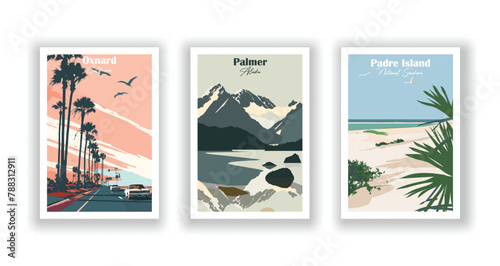Oxnard, California, Padre Island, National Seashore, Palmer, Alaska - Vintage travel poster. Vector illustration. High quality prints
