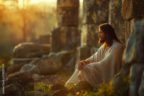 Inside an ancient temple ruins, Jesus sits amidst weathered stones, his countenance bathed in the golden light of sunset, his spirit immersed in intercession for the salvation and
