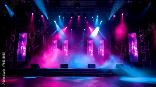 Empty stage with lighting equipment on a stage. Spotlight shines on the stage