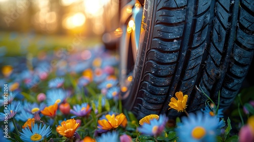 summer tires in the blooming spring in the sun time for summer tiresimage illustration