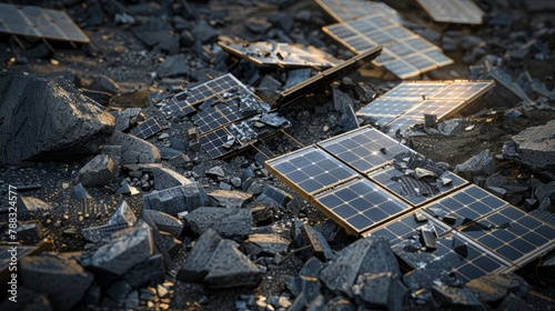 End of life solar panels. difficult to recycle renewable energy hardware. broken equipment. hyper realistic 