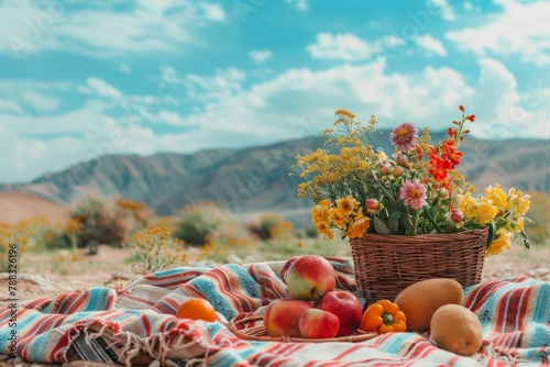 A cheerful picnic scene with a blanket fruits and flowers surrounded by the desert, Generative AI