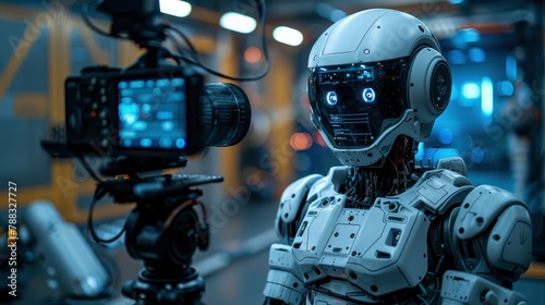 advanced humanoid robot filmmaker demonstrating sora text to video ai model in a high tech videography studio setting with camera equipment soraphoto illustration