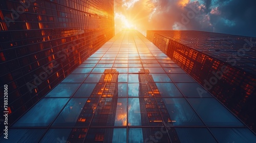 picture of modern skyscrapers of a smart city futuristic financial district with buildings and reflections blue color background for corporate and business template with warm sun rays of lightimage
