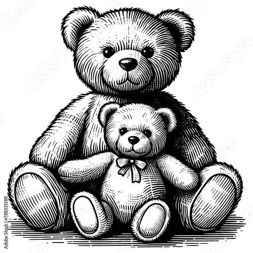 two teddy bears, a parent and child, in a warm embrace sketch engraving generative ai fictional character PNG illustration. Scratch board imitation. Black and white image.