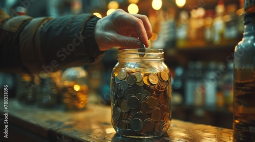 Hand putting coin in glass jar